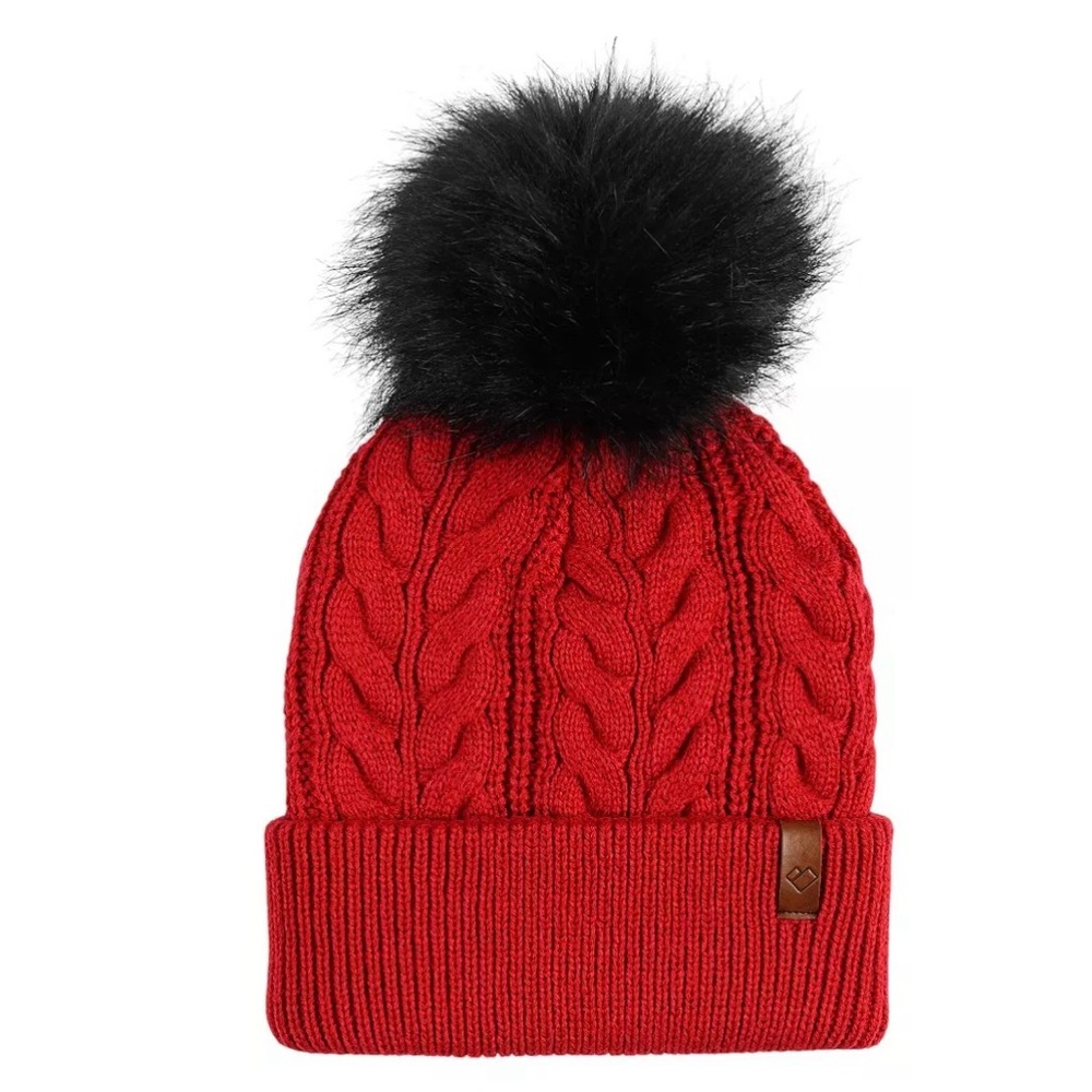 Obermeyer Fir FF Beanie Red Knit Pom Pom Adult NWT